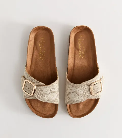 Women's Wide Fit Cream Floral Embroidered Raffia Mules Vegan