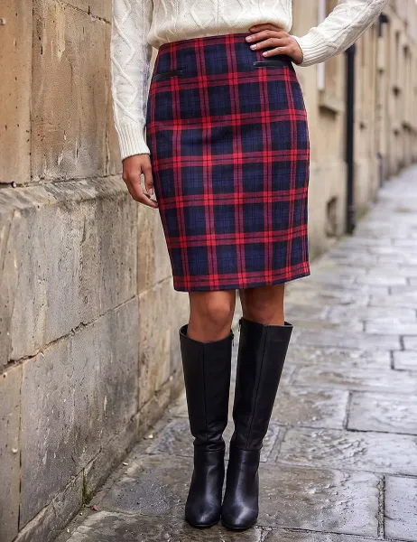 Roman Check Print Stretch Pencil Skirt Red Mix