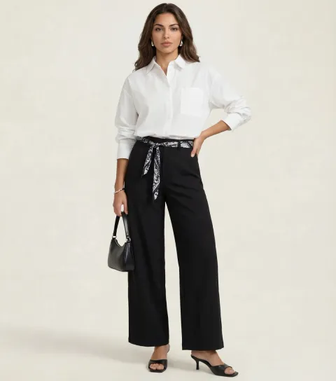 Urban Bliss Women's Black Belted Wide Leg Trousers