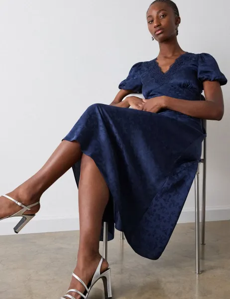 Whistles Lyocell Blend V-Neck Midi Tea Dress Navy