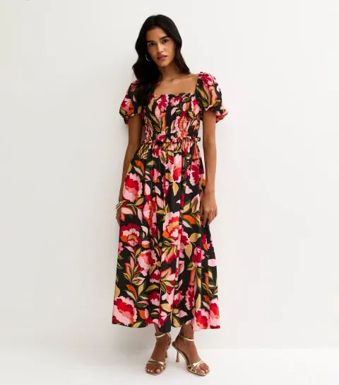 Women's Black Floral Print Shirred Milkmaid Midi Dress