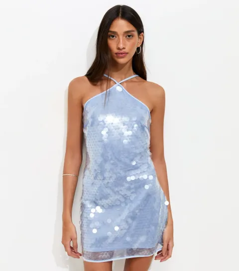 New Look Women's Cream Sequinned Halter Neck Mini Dress