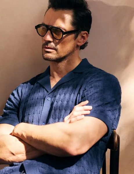 David Gandy Wellwear Cotton Rich Textured Knitted Shirt with Silk Navy