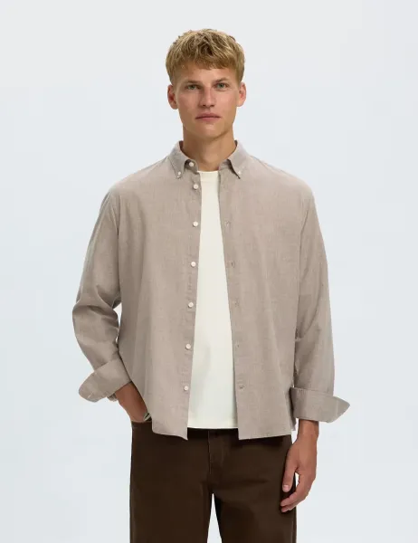 Selected Regular Fit Brushed Cotton Flannel Shirt Beige