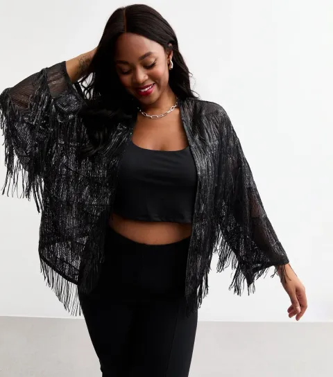 Women's Plus Size Black Sequinned Fringe Open Front Cardigan Curves