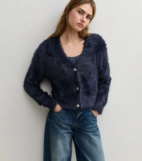 New Look Women's Navy Fluffy V-Neck Cardigan