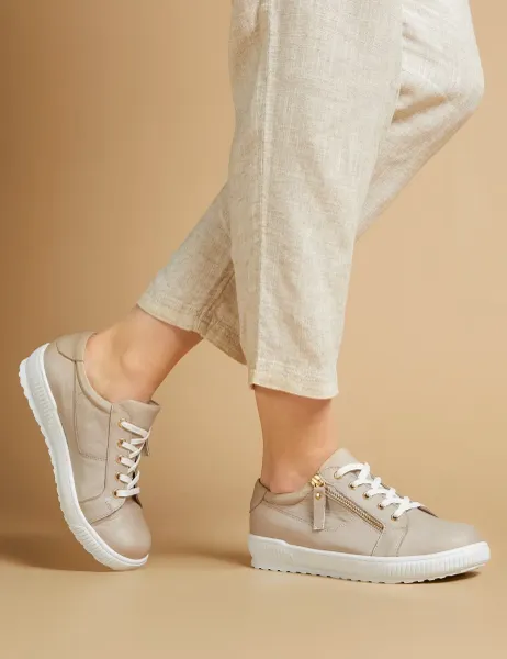 Jones Bootmaker Wide Fit Leather Lace Up Trainers Stone