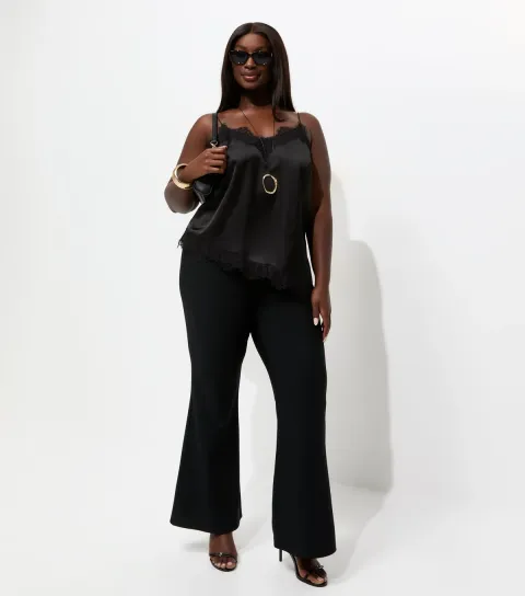 Women's Plus Size Black Ribbed Flared Trousers Curves