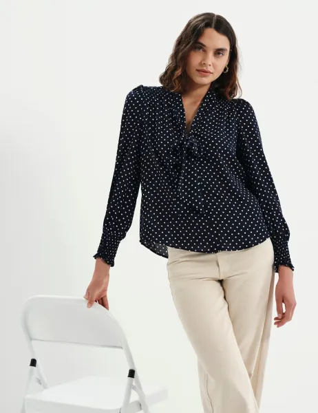 Finery London Polka Dot Pussybow Blouson Sleeve Blouse Navy Mix
