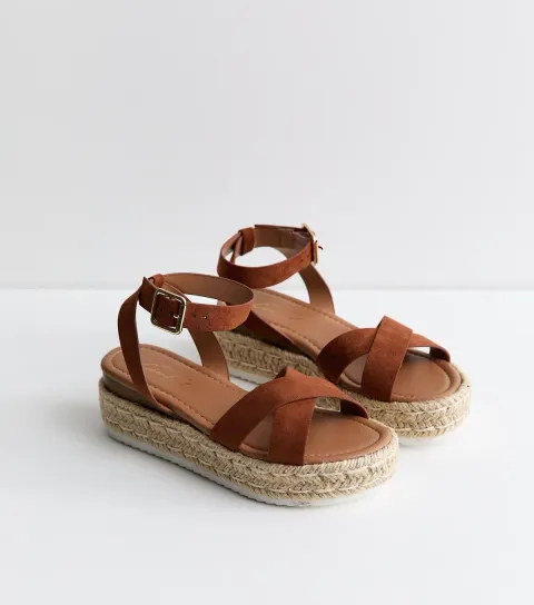 Women's Rust Brown Faux Suede Crossover Strap Flatform Sandals Vegan