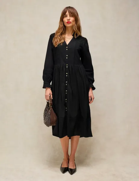White Stuff Sole Cotton Blend Notch Neck Knee Length Dress Black