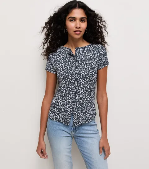Women's Blue Ditsy Print Button Front Ribbed Jersey Top