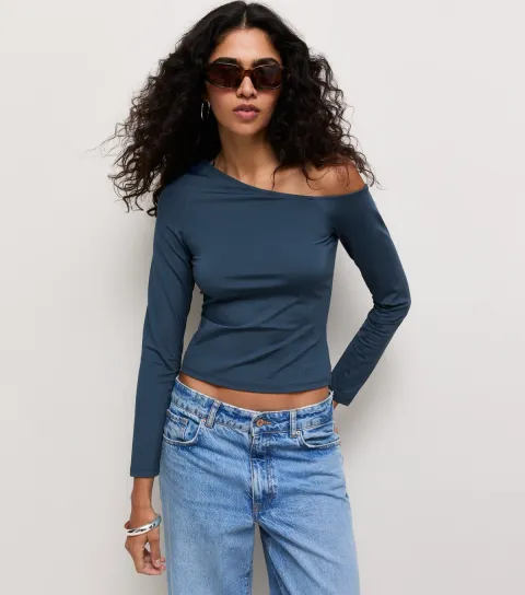New Look Women's Blue Slinky Jersey Off the Shoulder Long Sleeve Top