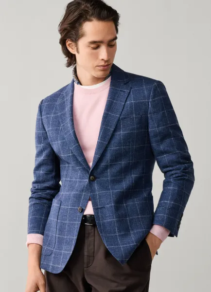 Stretch Cotton-Wool Windowpane Blazer