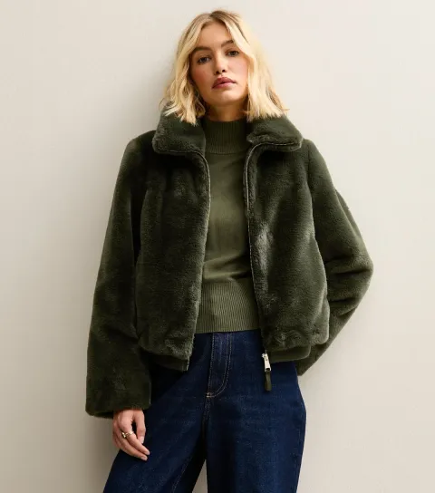 Women's Khaki Faux Fur Bomber Jacket