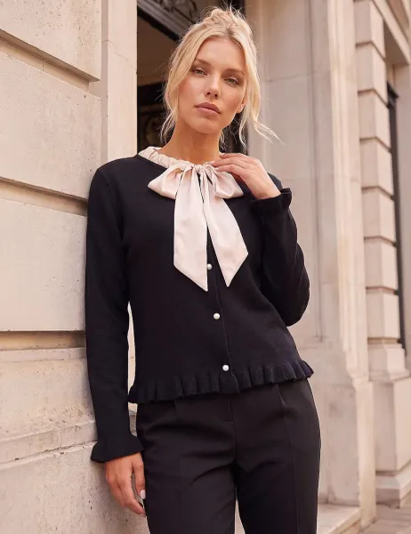 Roman Petite Tie Neck Frill Hem Cardigan Black