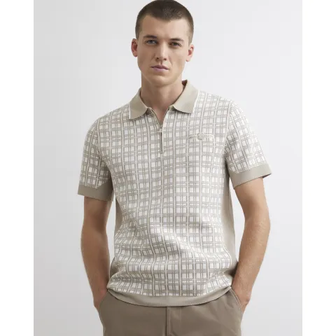 River Island Slim Fit Check Knit Blocked Polo Shirt