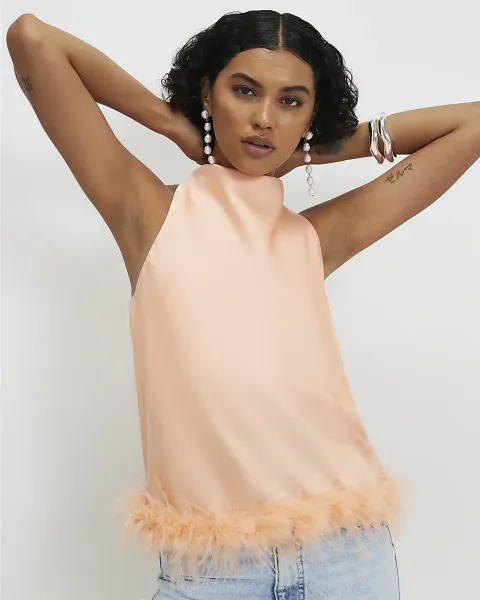 River Island Satin Cowl Halter Neck Feather Top