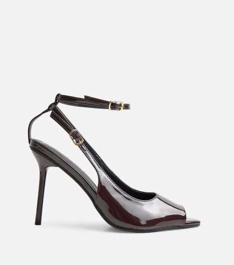 Public Desire Women's Dark Brown Faux Patent Leather Chiara Ankle Strap Heels