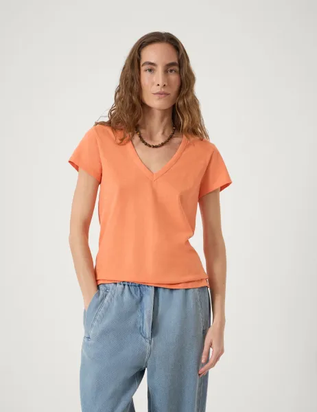 HUSH Pure Cotton Textured V-Neck T-Shirt Light Orange