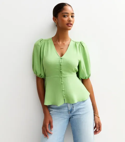 New Look Women's Green Crinkle Texture Button Detail Tea Blouse