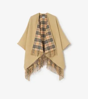 Reversible Check Wool Cape in Sand beige