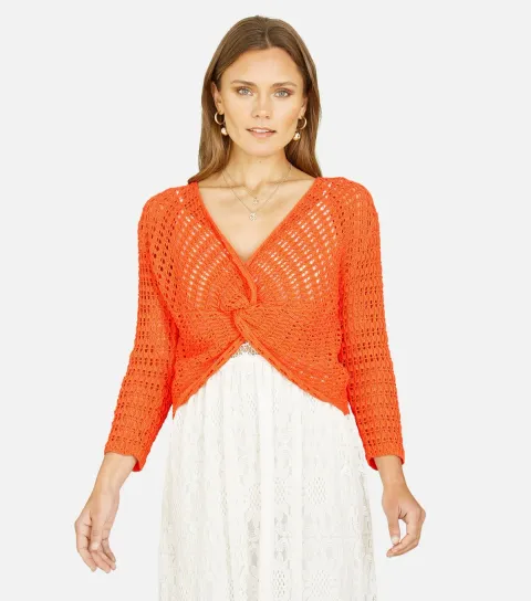 Women's Orange Open Knit Knotted Top