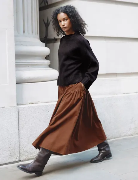 Cord Midi A-Line Skirt Tan