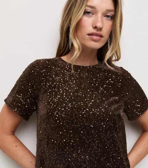 Women's Dark Brown Velvet Sequin Lace Trim T-Shirt Dress