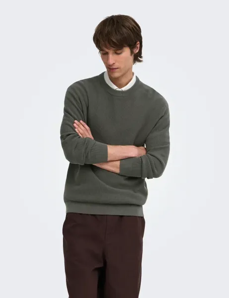 Only & Sons Textured Waffle Knit Crew Neck Jumper Khaki Mix