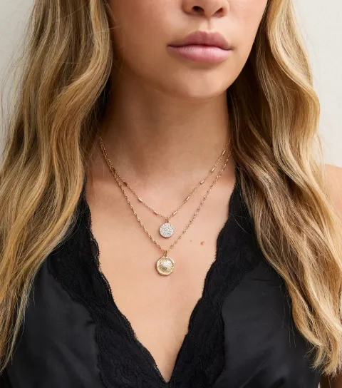 New Look Gold Tone 2 Layer Diamante Beaten Circle Necklace