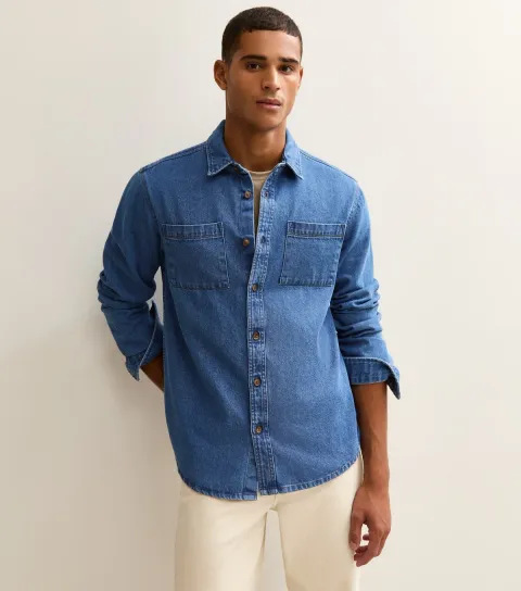 Men's Blue Relaxed Fit Mid Wash Denim Shirt
