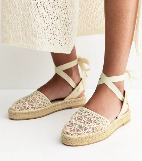 New Look Women's Off White Lace Toe Tie Ankle Espadrilles Vegan