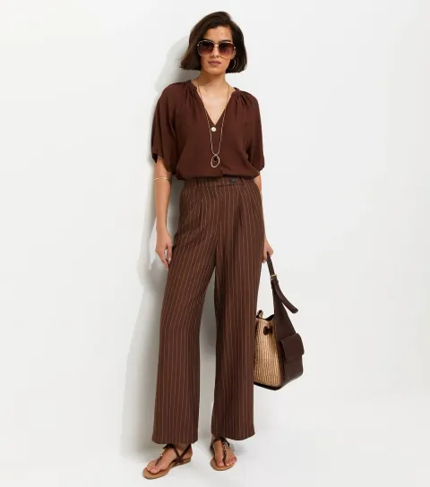Women's Dark Brown Wide Leg Stripe Trousers