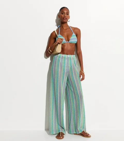 Women's Blue Crochet Beach Wide Leg Trouser
