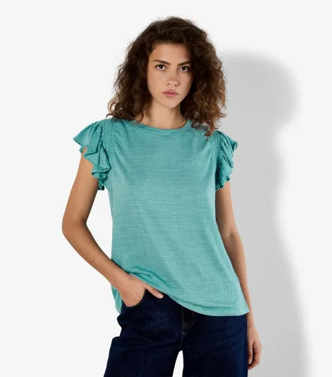 Women's Bright Blue Ruffle Sleeve T-Shirt