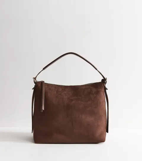 Dark Brown Faux Suede Hobo Shoulder Bag