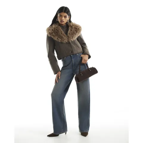 River Island Faux Fur Collar Bonded Crop Jacket
