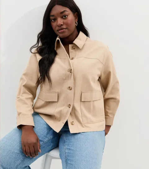 New Look Women's Plus Size Stone Cotton Flap Pocket Shacket Curves