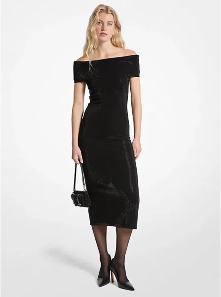 Embellished Stretch Knit Off-The-Shoulder Dress