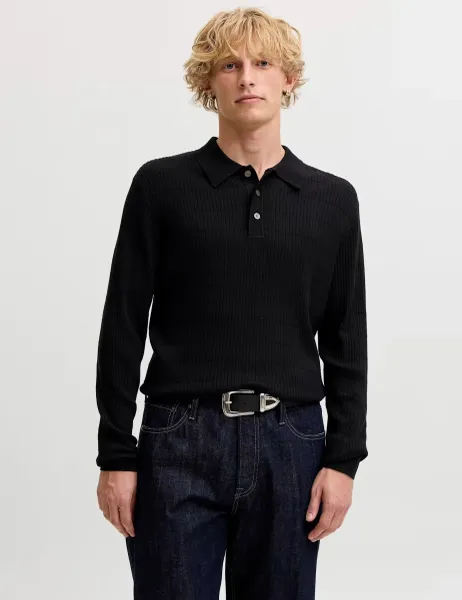 Jack & Jones Textured Long Sleeve Polo Shirt Black