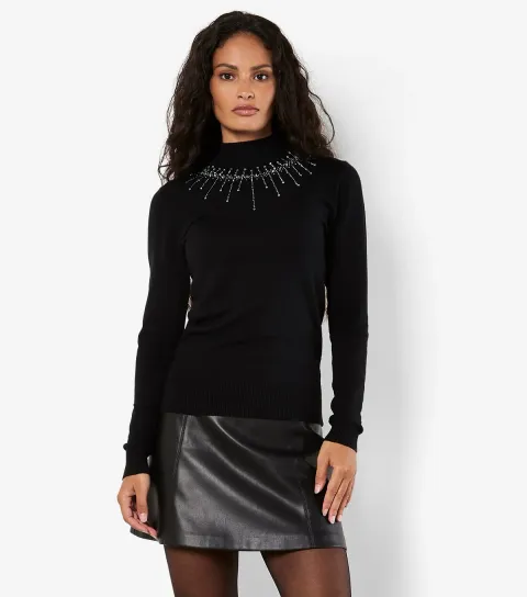 Women's Black Gem and Stud Neckline Jumper