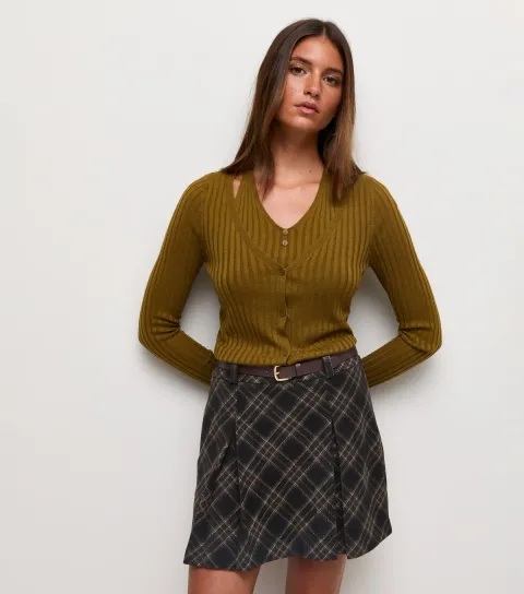 Women's Brown Check Pattern Pleated Belted Mini Skirt