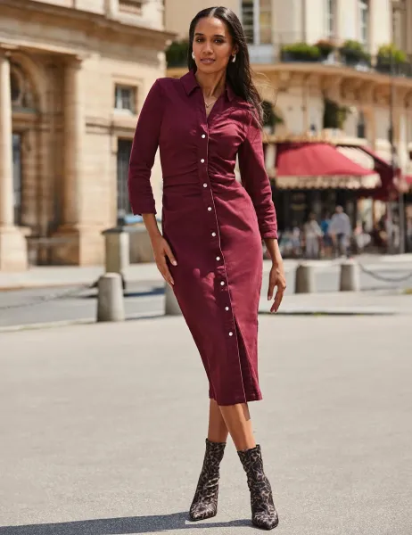 SOSANDAR Denim Ruched Waist Midi Dress Burgundy