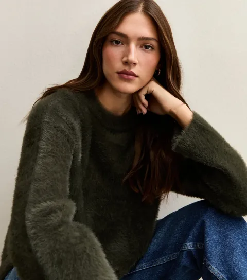 Women's Light Khaki Fluffy Knit Relaxed Fit Jumper