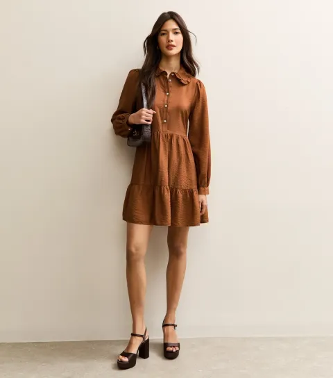 New Look Women's Tan Tiered Shirt Mini Dress
