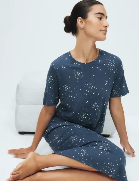 Marks & Spencer Cotton Modal Printed Long Nightdress Dark Blue