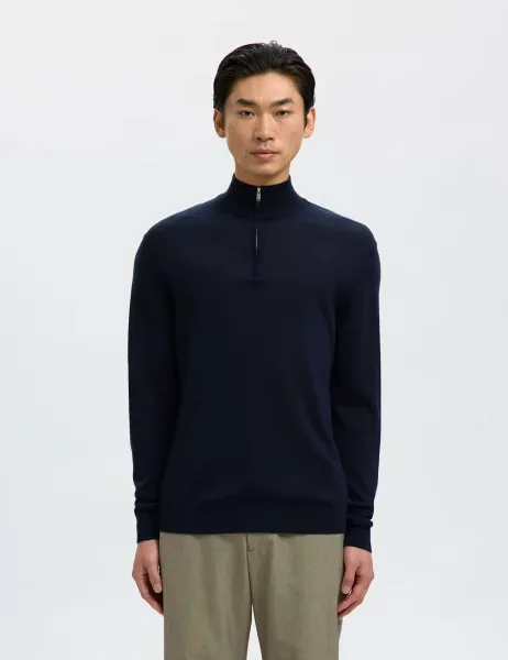Selected Pure Merino Wool Half Zip Jumper Navy
