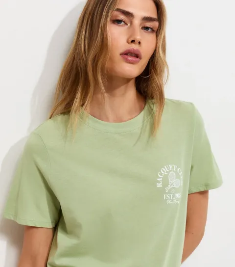 Women's Light Green Racquet Club Tennis Print Relaxed T-Shirt