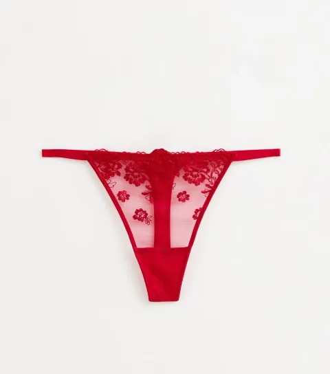 Women's Red Floral Embroidered Mesh Thong